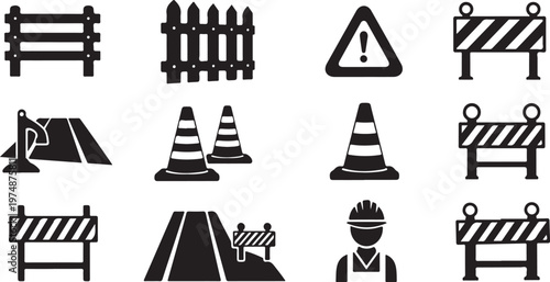 Road construction and safety icons set in black