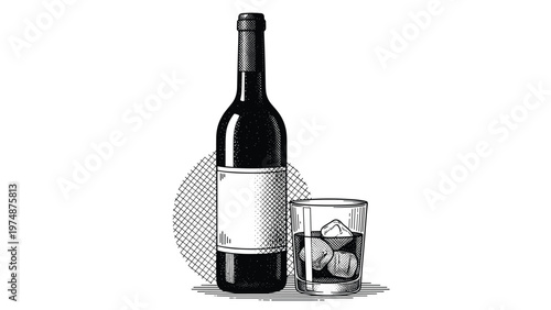 Vintage style engraving of a wine bottle and a short glass filled with a dark drink and ice cubes against a hatched background circle.