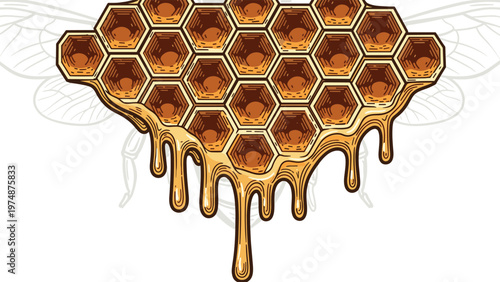 Detailed illustration of a section of honeycomb with golden honey dripping from the bottom against a faint silhouette of a bee.