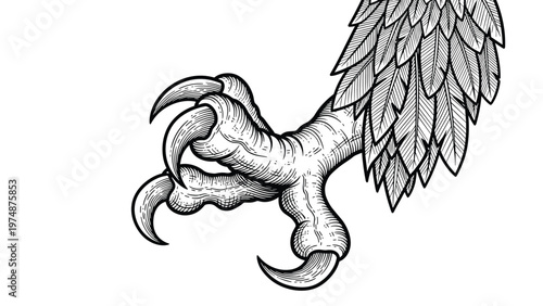 Intricate black and white engraving style drawing shows the sharp claws and textured skin of a powerful eagle's talon.