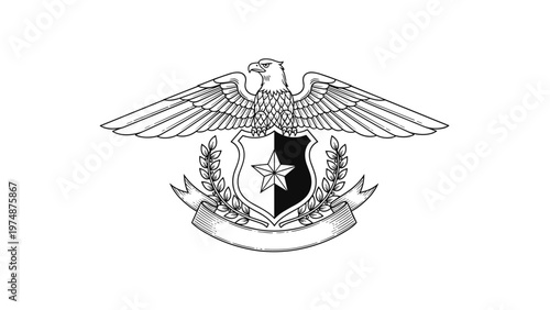Classic heraldic crest features a spread-winged eagle perched atop a shield with a star and a laurel wreath below.