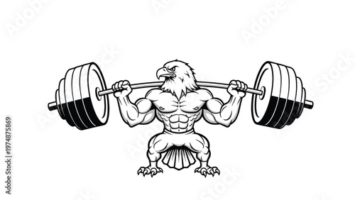 Black and white illustration shows a muscular eagle-headed athlete performing a heavy barbell squat with intense focus.