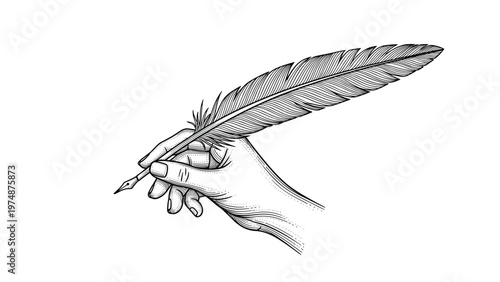 Detailed engraving style drawing depicts a hand gracefully holding a long feather quill pen in a writing position.