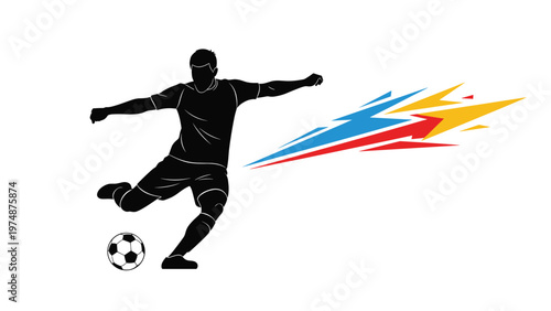 Black silhouette of a soccer player kicking a ball with a dynamic multi colored lightning or energy trail following the shot.