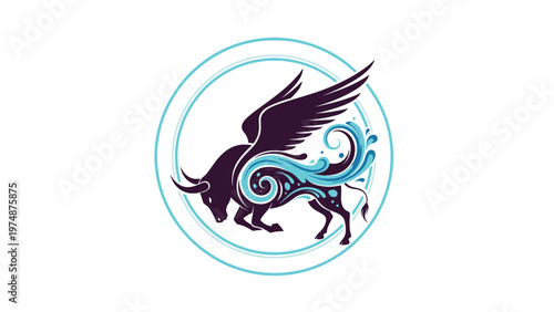 Creative logo features a majestic bull with large wings and swirling blue water patterns enclosed in a circular frame.