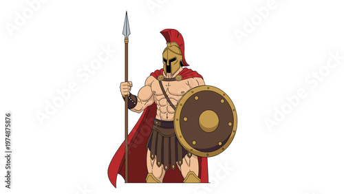 Heroic spartan warrior stands in full battle armor including a golden helmet, red cape, round shield, and long spear.