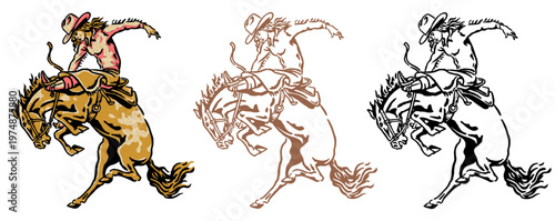 Vintage bucking horse and cowboy rodeo mascot, hand drawn wild west graphic style vector illustration for t-shirt design and branding apparel