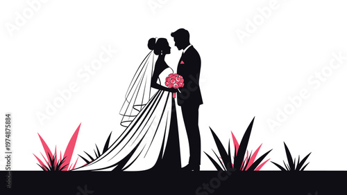 Elegant black silhouette shows a bride and groom standing close in a romantic gaze amidst plants and pink accents.