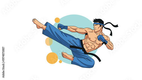 Skilled martial artist in a blue gi performing a powerful flying kick against an abstract background with colorful circles on white.