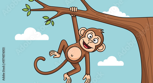A cartoon monkey hanging from a tree branch.