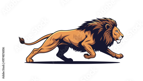Powerful lion mascot illustration in mid-stride running across a white surface with a flowing mane and muscular build.