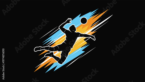 Silhouette of a volleyball player spiking the ball with dynamic colorful speed lines on a dark black background.