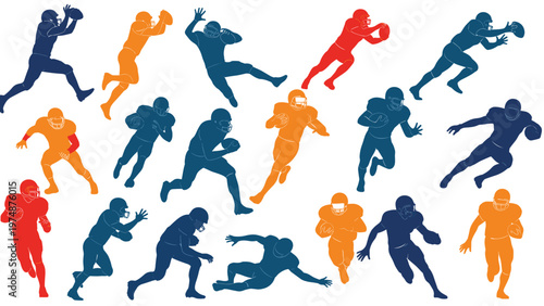 Colorful silhouettes of american football players in various action poses such as running catching and throwing on white.