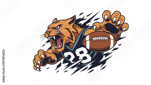 Aggressive bobcat mascot wearing a blue football jersey with the number twenty-eight runs with an american football.