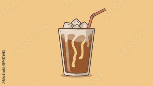 Iced coffee beverage with a straw and ice cubes in a glass