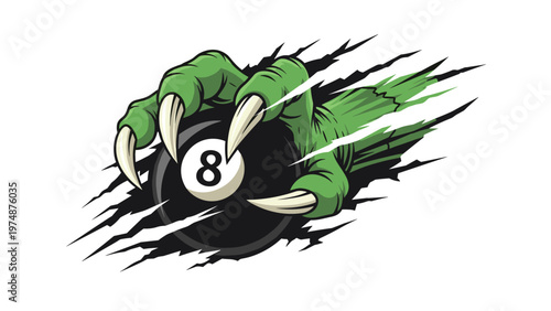 Fierce green monster claw with sharp nails tearing through a surface to grab a black billiard eight ball pool game.