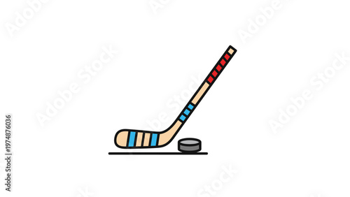 Cartoon ice hockey stick with blue and red tape standing next to a black puck on a plain white background for sports.