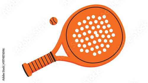 Flat vector illustration of a bright orange padel racket and a matching striped ball isolated on a clean white background.