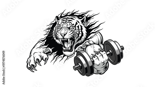 Grayscale illustration shows a powerful tiger mascot breaking through a wall while lifting a heavy iron dumbbell.