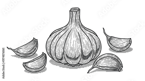 Detailed black and white engraving style illustration features a whole garlic bulb surrounded by several individual cloves.