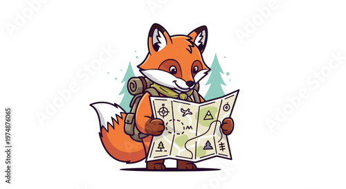 A cartoon fox with a backpack looking at a map.