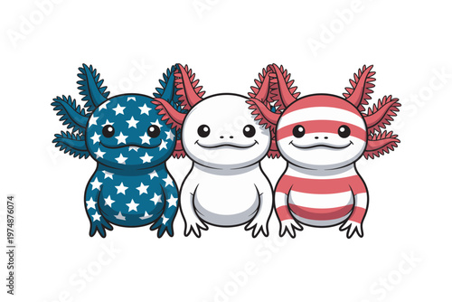 Three adorable axolotls are illustrated with american flag inspired patterns showcasing patriotic colors and a charming design on transparent background high-quality.