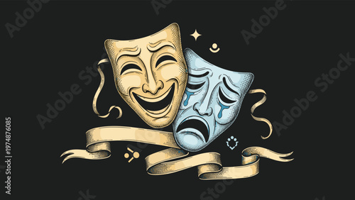 Traditional comedy and tragedy theater masks are shown with a golden banner and stars against a dark background.