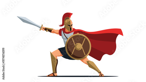 Spartan warrior character in a dynamic battle stance holding a sword and shield wearing a red cape and helmet on white.