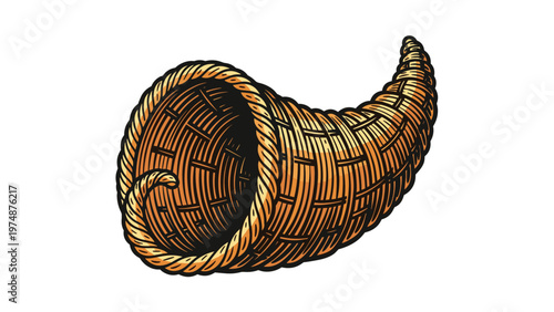 Detailed illustration of an empty woven wicker cornucopia basket for Thanksgiving harvest and abundance themes.