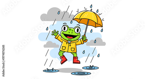 A cartoon frog wearing a raincoat and holding an umbrella on a rainy day.