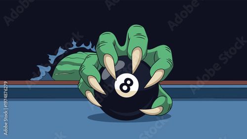 Illustration of a green scaly monster hand with sharp claws grabbing a black billiard eight ball on a blue pool table surface.