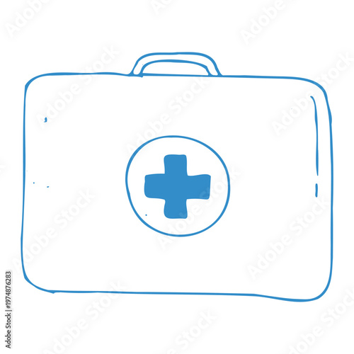 Blue outline Medical first aid case icon. Doodle medical suitcase isolated, vector illustration.