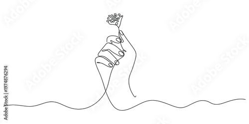 A single continuous line drawing of a human hand delicately holding a small blooming wildflower