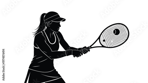 Silhouette of a female tennis player performing a backhand stroke with a racket and ball for sports and fitness theme.