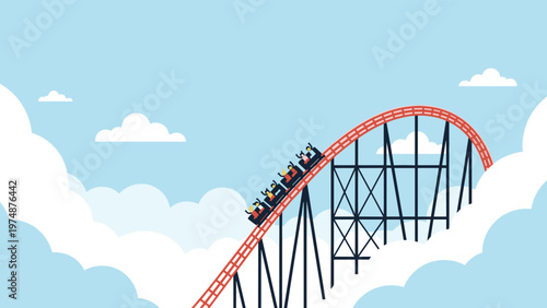Colorful illustration of a red roller coaster train ascending a tall blue track amidst white fluffy clouds in a sunny sky.