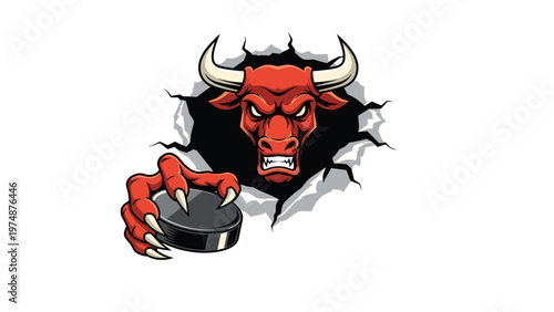 Angry red bull mascot tearing through a wall and grabbing a black hockey puck with sharp claws for a professional sports team logo.