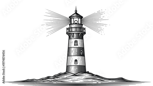 Detailed engraving of a lighthouse standing on a rocky shore with light beams shining into the distance for safety.