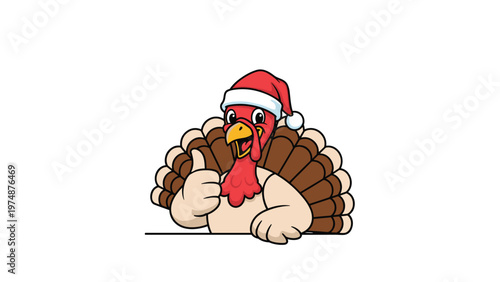 Funny Thanksgiving turkey wearing a red Santa hat giving a thumbs up gesture for a festive holiday transition.