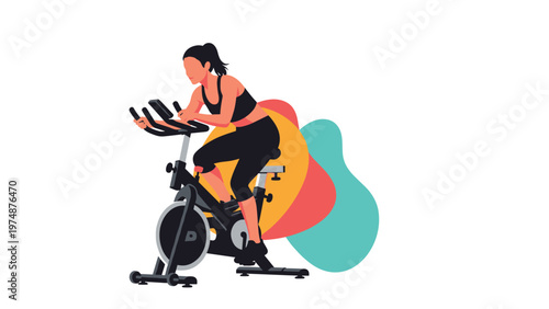 Woman wearing athletic clothing exercising on a stationary indoor cycling bike for a fitness and healthy lifestyle concept illustration.