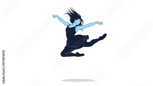 Artistic silhouette of a young girl in a dress jumping gracefully into the air with her hair flowing for a dance or freedom concept.