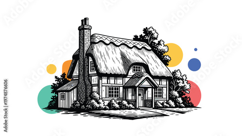 Picturesque line drawing of a traditional english cottage with a thatched roof and chimney surrounded by colorful dots.
