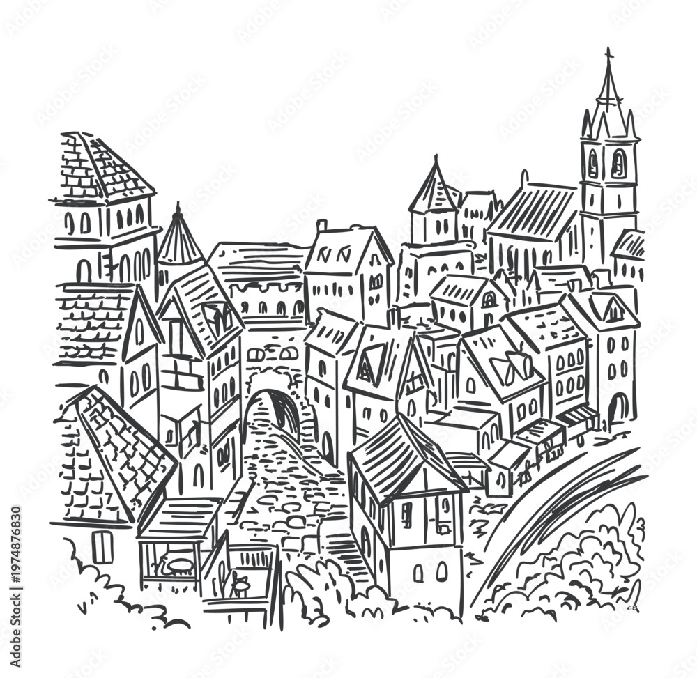 Fototapeta premium Medieval European town. Vector hand-drawn monochrome illustration
