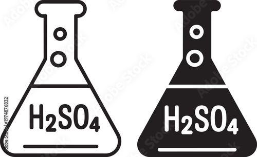 Two conical flasks displaying the sulfuric acid chemical formula