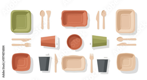 Eco-friendly food packaging set, disposable lunch boxes, coffee cups, and wooden cutlery in modern flat design style for sustainability concept.