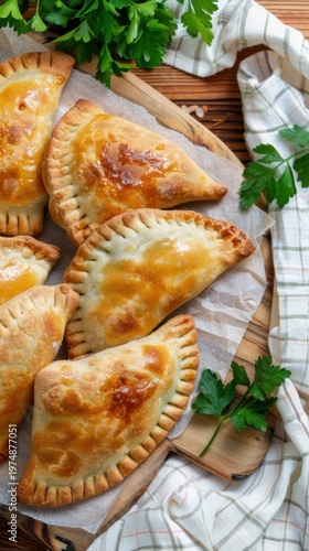 Freshly baked empanadas arranged on a wooden board with green herbs beside them