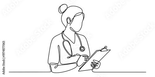 A single continuous line drawing featuring a female doctor holding a medical chart and stethoscope
