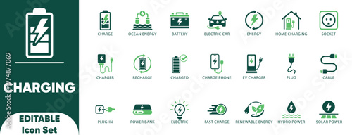 Charging icon set. power, energy, charged, illustration, fast, home, wireless, charge, set, collection, electricity, and icons.