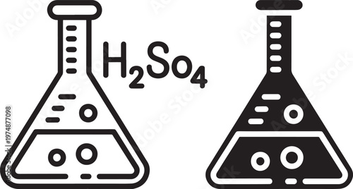 Two erlenmeyer flasks with chemical formulas in a line art style