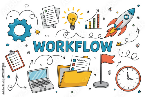workflow diagram illustrated office icons, dynamic elements representing process management, task productivity, system organization and planning operations vector illustration.