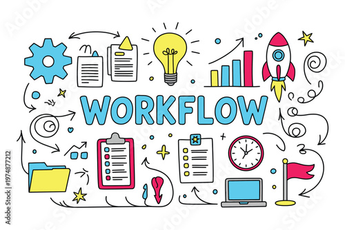 workflow diagram illustrated office icons, dynamic elements representing process management, task productivity, system organization and planning operations vector illustration.